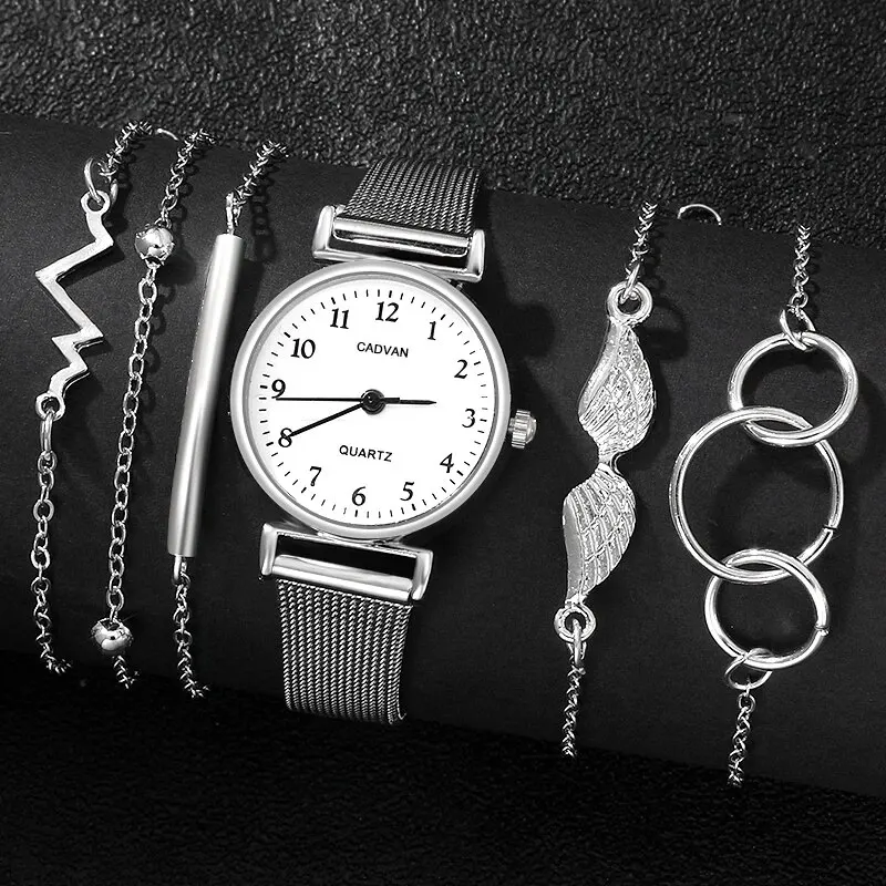 Conjunto de 6 piezas para mujer, a la moda relojes de cuarzo, conjunto de pulsera de malla plateada de lujo, reloj de vestir