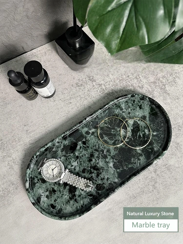 Luxury Green Marble Oval Tray: Bathroom Organizer & Fruit Serving Platter, Waterproof Stone Decor for Hotel Spa Home Kitchen​​