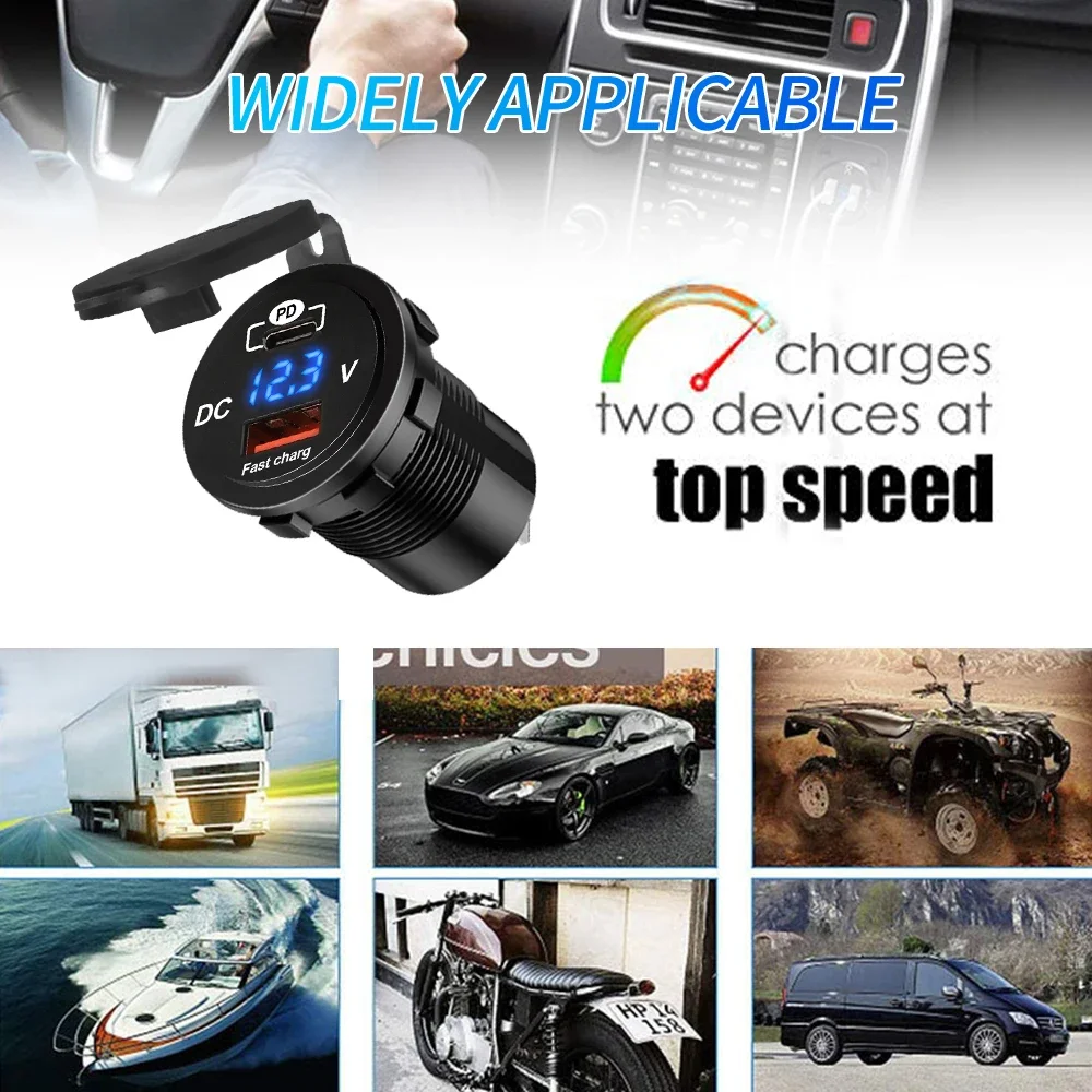 60W autolader socket met spanningsweergave USB Type C PD+QC3.0 dubbele poort voor 12V/24V motorfiets vrachtwagen boot telefoon snel opladen