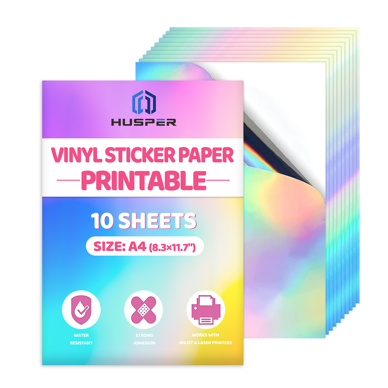 10 Sheets A4 Size Rainbow Holographic Vinyl Sticker Paper 8.3x11.7 Inch Self-Adhesive Waterproof Inkjet Printable Stickers