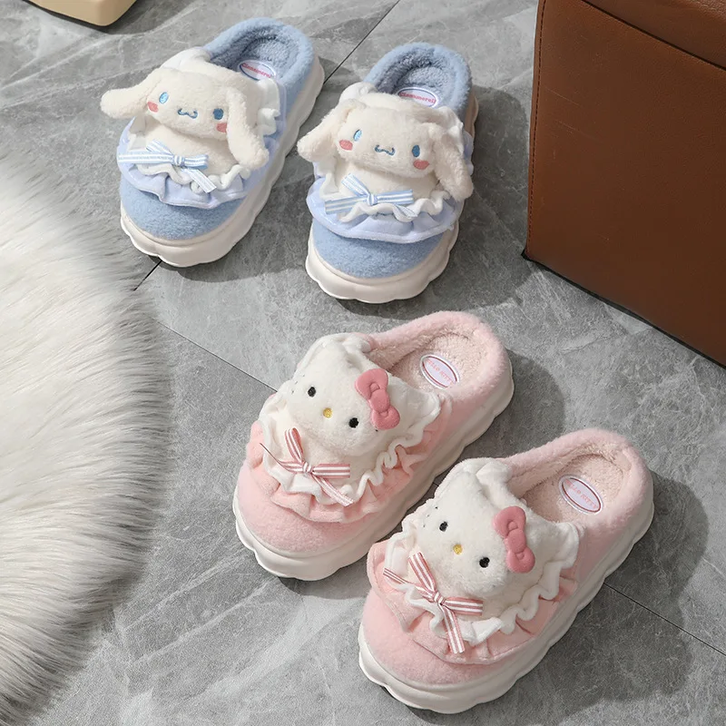 Зимние тапочки, теплые шлепанцы MINISO Kuromi Hello Kitty, противоскользящая обувь в дверь Cinnamoroll, милые, милые