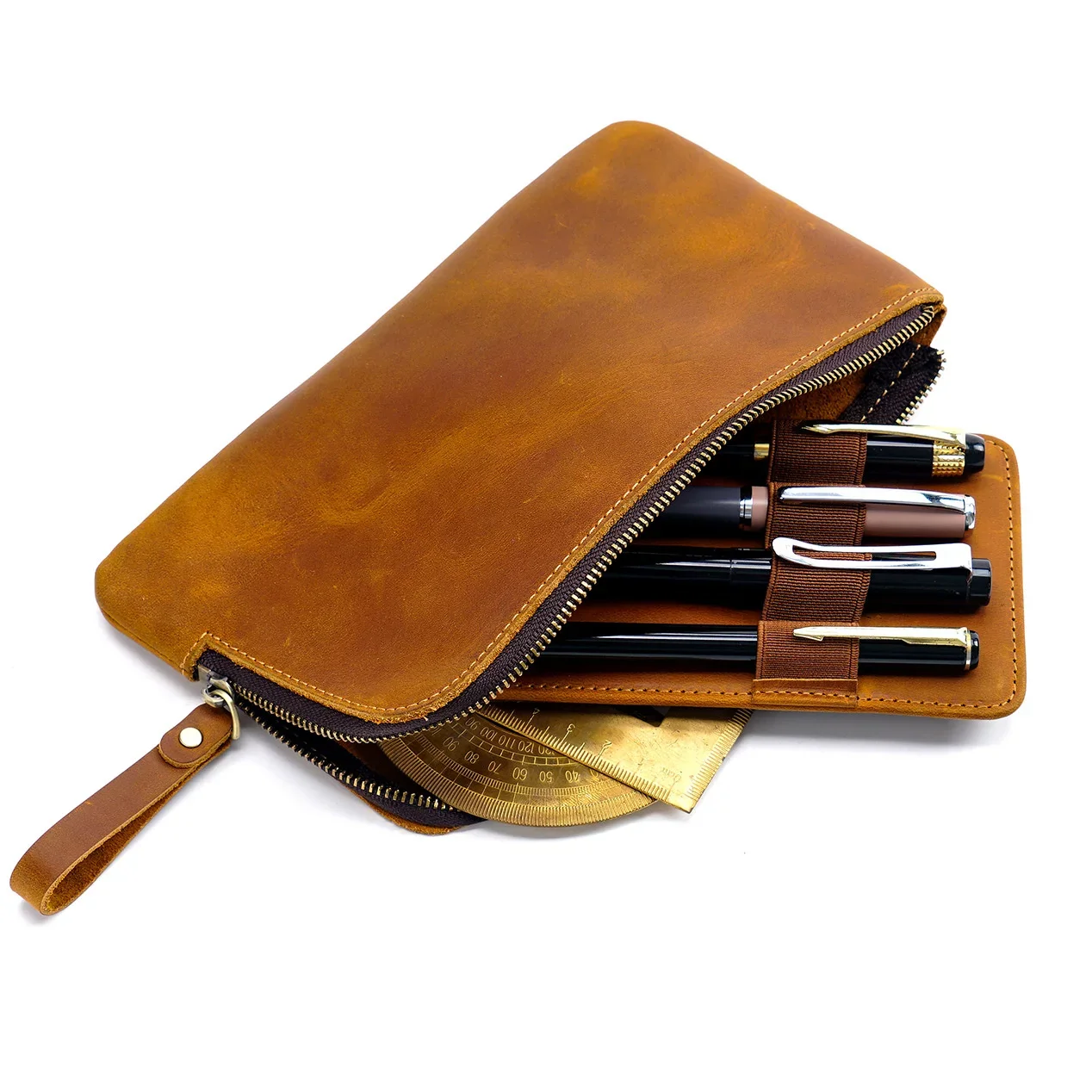 Estuche de bolígrafo hecho a mano con cremallera de cuero para hombres y mujeres, estuche para bolígrafos, organizador de caja de bolígrafos Vintage, papelería para estudiantes de escuela para niños y niñas