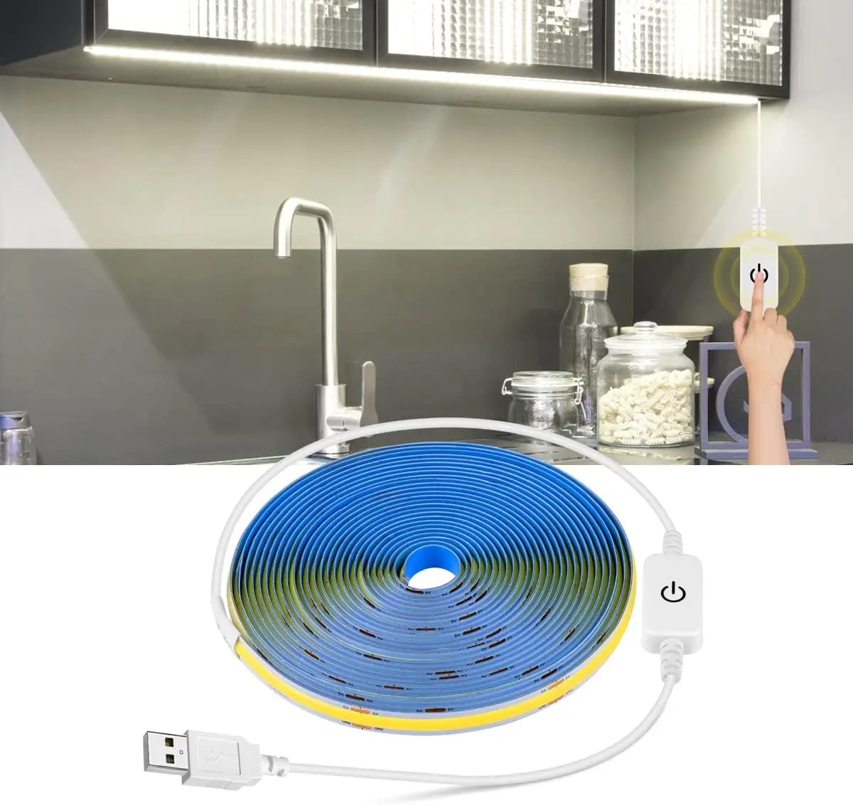 Tira de luces LED USB de 1M-5M, 5V, 320LEDs/M, Sensor táctil COB, lámpara regulable, cinta DIY, retroiluminación de espejo de TV, iluminación nocturna para cocina y habitación