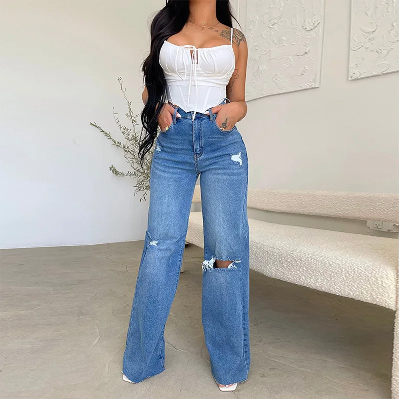 Mandylandy Damen-Jeans, lang, hohe Taille, zerrissen, ausgefranst, bequem, weites Bein, Denim-Hose, gewaschenes Loch, Streetwear-Denim-Hose