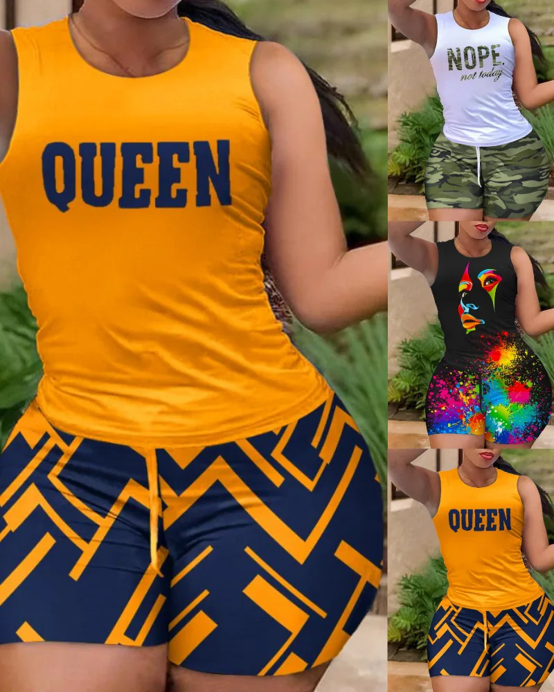 Conjuntos cortos estampados para mujer, conjunto de dos piezas, chándal sin mangas, chalecos de cuello redondo, pantalones con cordón, trajes a juego, playa de verano