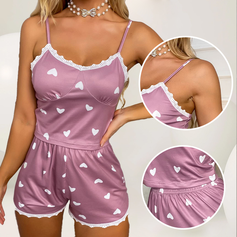Conjunto de pijama informal con estampado de encaje y tirantes con cuello en V de dos piezas para mujer