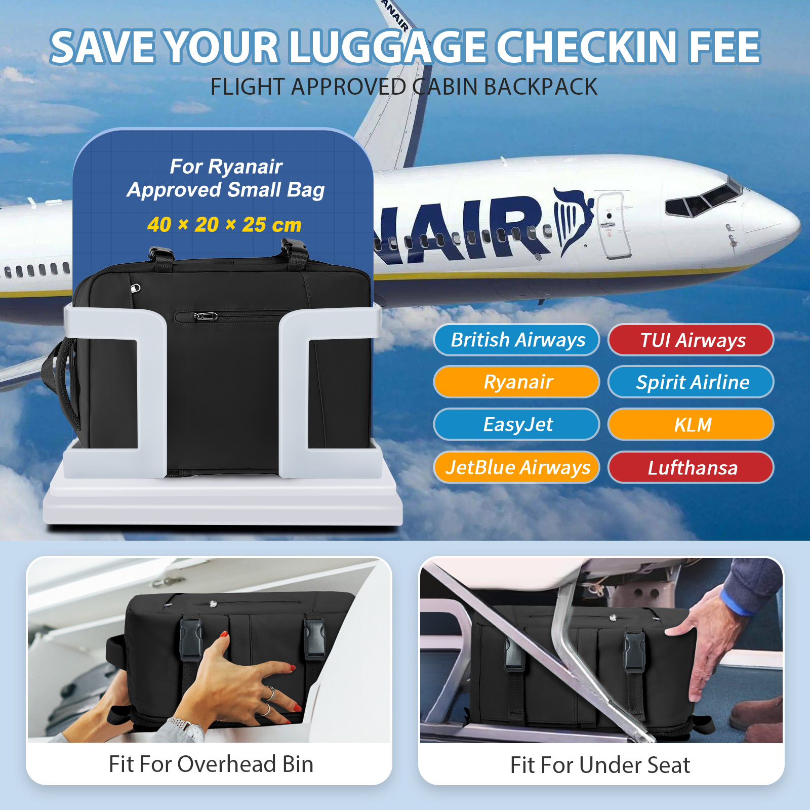 Rucksack für Männer, multifunktionaler Notebook-Rucksack, Verpackungswürfel, Damen-Rucksack, Ryanair, 40 x 20 x 25, Handgepäck, Freizeit-Laptop-Pack