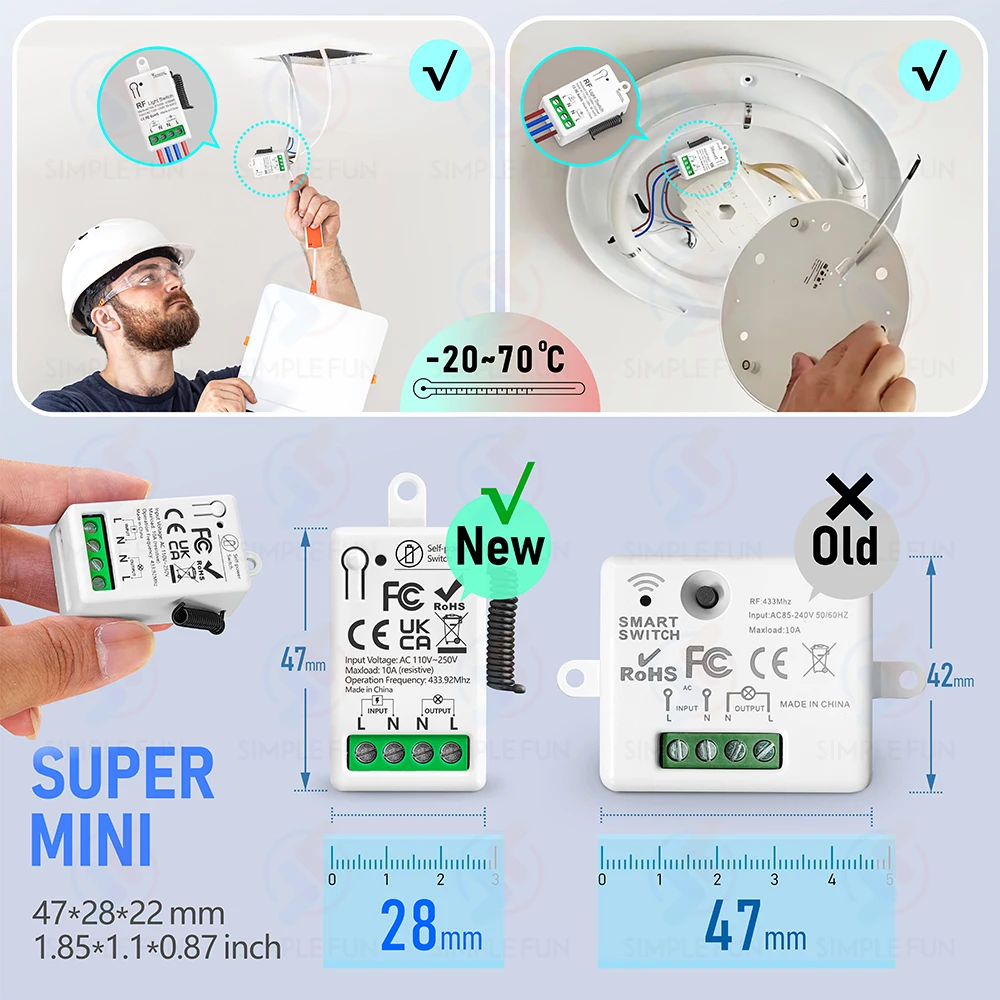 433mhz Wireless Light Switch 110V 220V 230V Self-generating Wireless Switch No Battery Required Self-Powered Waterproof Remote