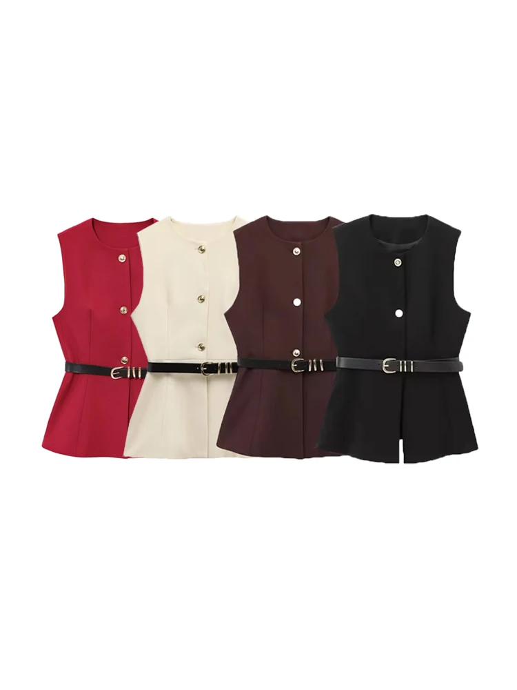 Colete longo feminino com cinto, botão frontal dourado, colete sem mangas com gola redonda, agasalhos femininos, tops chiques, moda