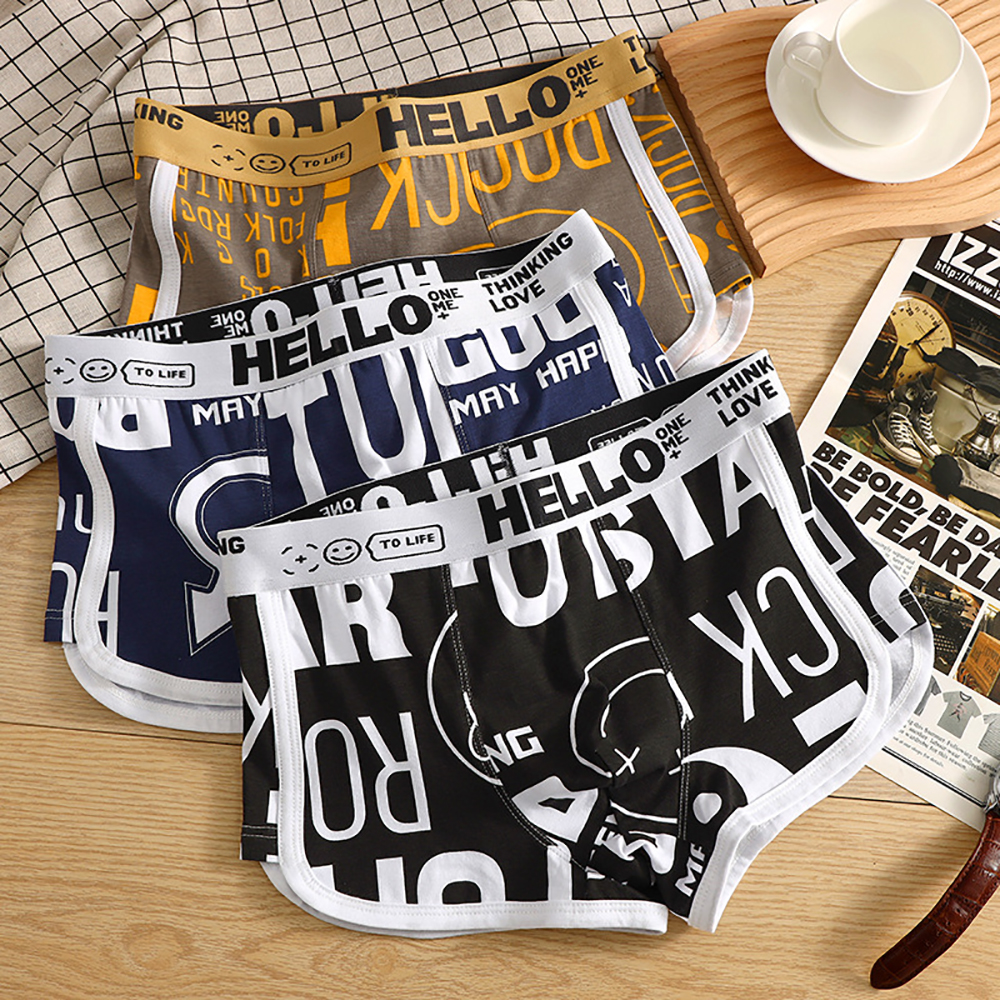 3 шт./упак., 100% хлопок, дышащее мужское нижнее белье с большой U-образной промежностью, модные трусы с принтом, мужские трусы-боксеры с высокой эластичной резинкой на талии