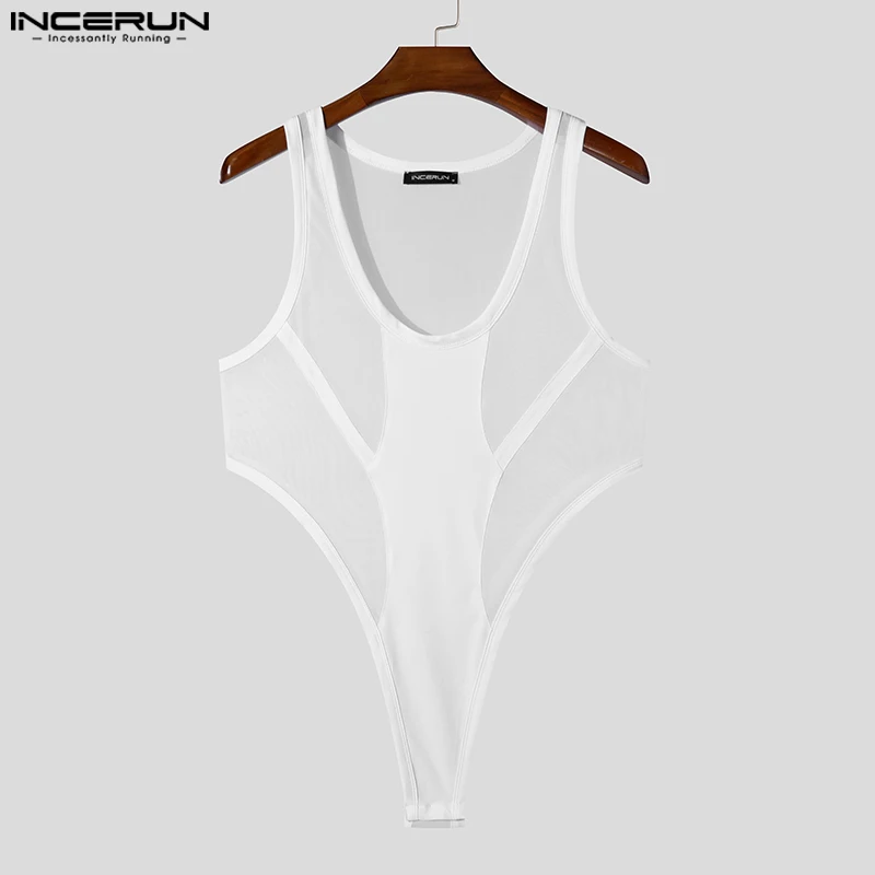 INCERUN Amerikaanse Stijl Body Mode Heren Mesh Splicing Side Hoge Split Driehoek Jumpsuits Sexy Homewear Mouwloze Jumpsuits