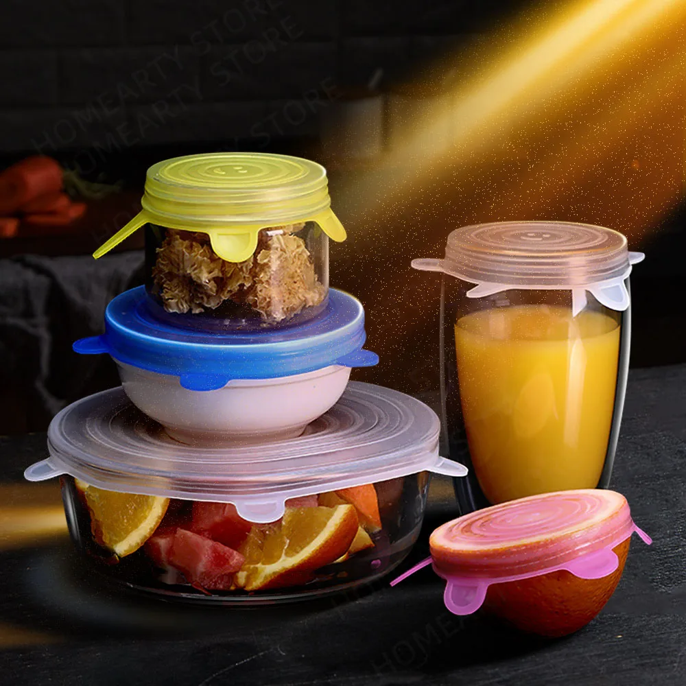 Tapas de silicona reutilizables, tapas de silicona adaptables para latas, platos de comida, accesorios de cocina para mantenimiento fresco, utensilios, 6 uds.