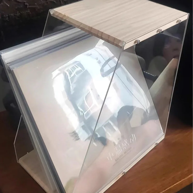 Scaffale per dischi in legno Ornamento da tavolo Espositore per dischi in vinile trasparente Scatola portaoggetti per libri con nastro Organizzatore in legno massello