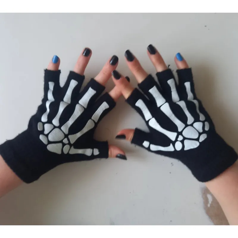 Nieuwe Punk Handschoenen Unisex Halloween Skeletschedel Halve Vinger Handschoenen Glow In The Dark Vingerloze Stretch Gebreide Winterwanten