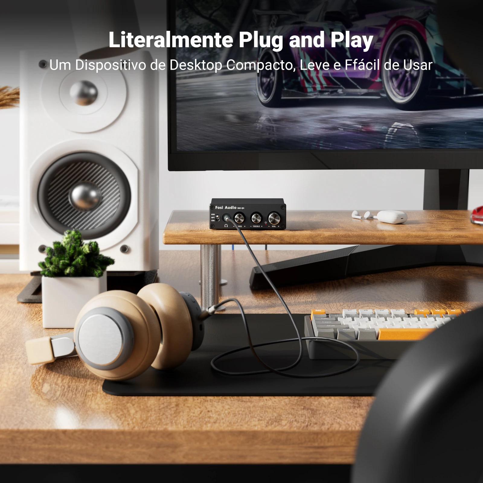 Fosi audio q4 mini estéreo usb gaming dac & amplificador de fone de ouvido adaptador conversor de áudio para casa/desktop alimentado/alto-falantes ativos