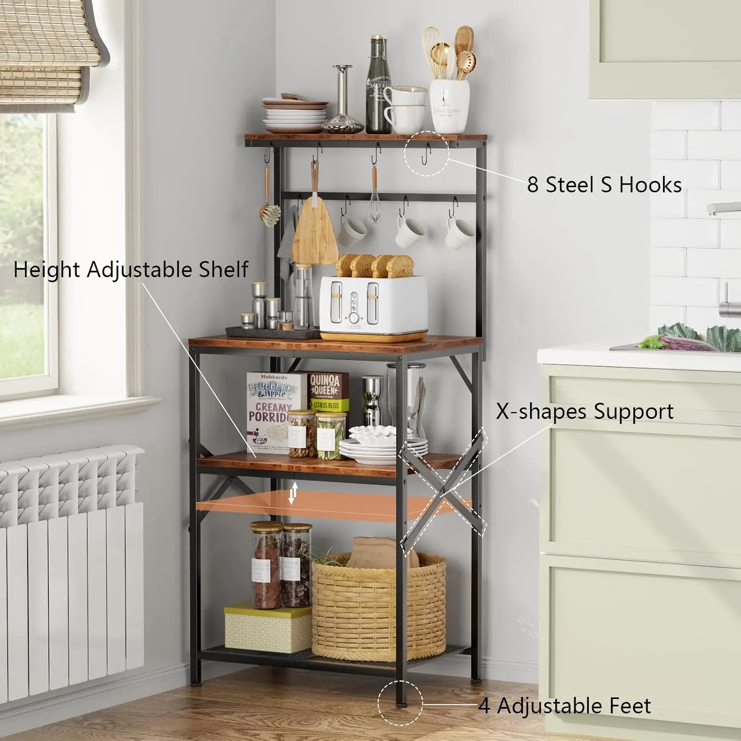 Kitchen Bakers Rack with Storage Shelves, Small Coffee Bar Table with 8 Hooks, 4 Tiers Microwave Stand Station