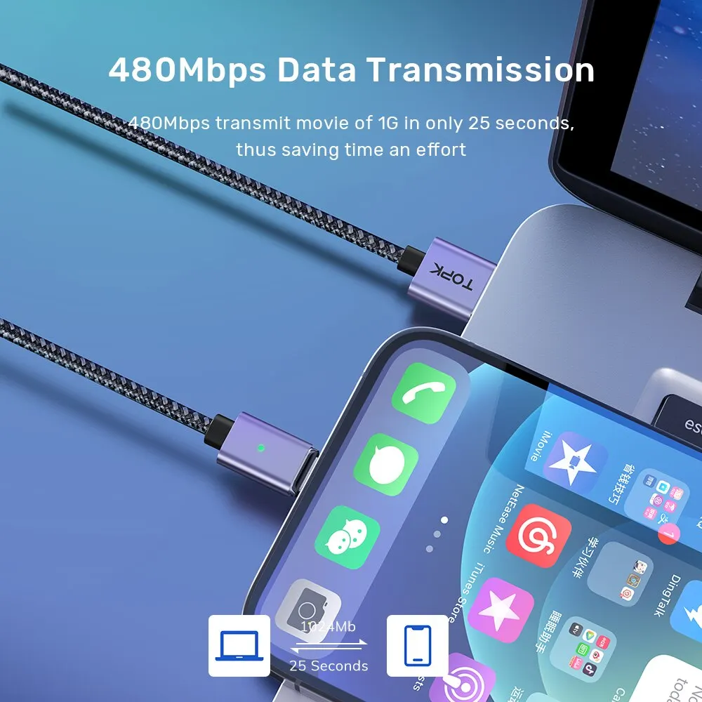 TOPK Magnetic Charging Cable 3A Micro USB Type C Cable with Led Light Magnet Phone Charger Cord for iPhone Android Devices