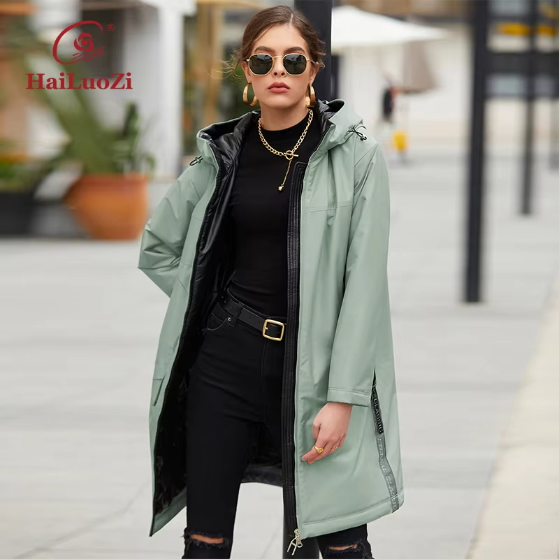 HaiLuoZi 2022 Lange Einfache Frühling Frauen Mantel Mode Soild Farbe Warme frauen Jacke Weibliche Mit Kapuze Elegante Windproo Parkas 7863