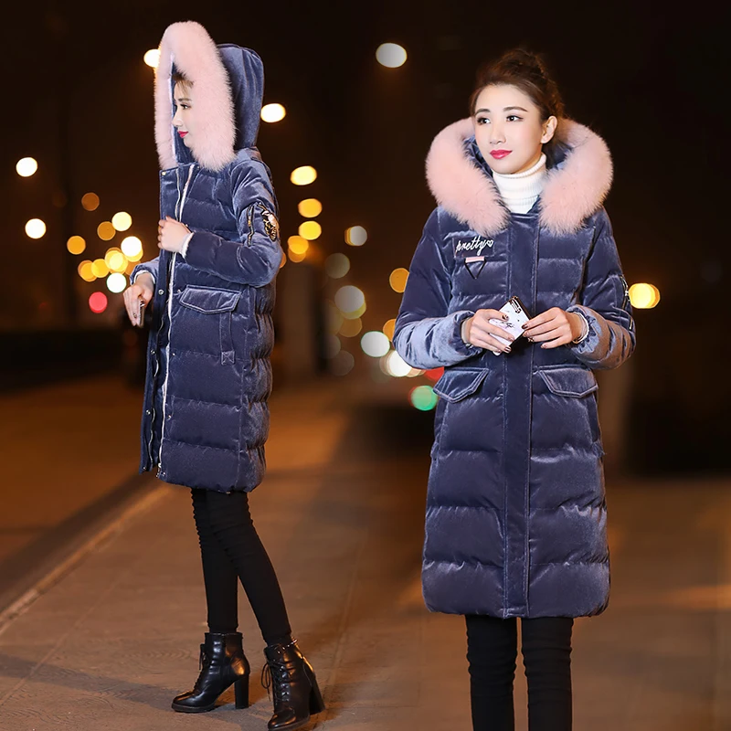 Ropa de algodón para mujer, abrigo grueso de terciopelo dorado, sección larga, versión coreana, invierno, 2023