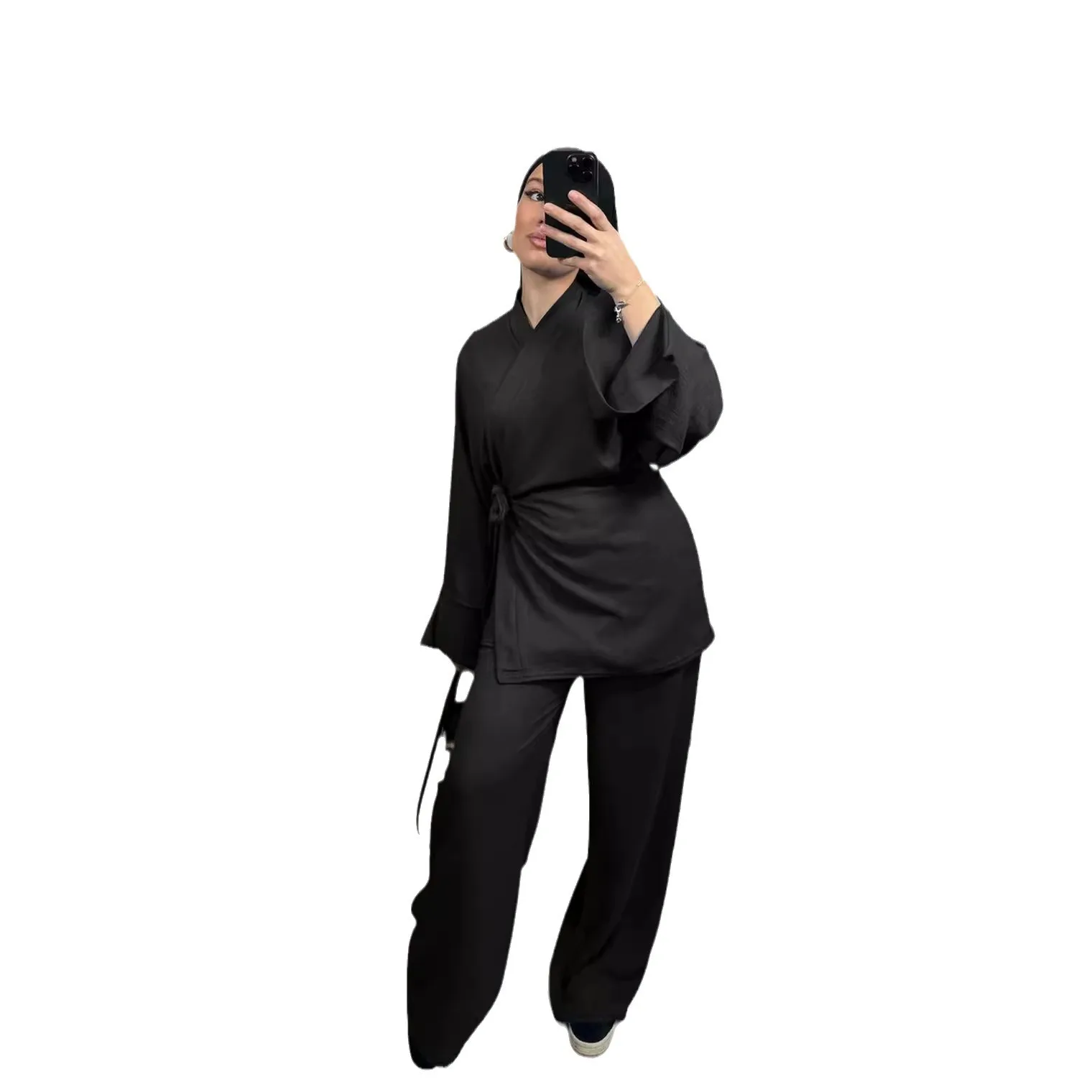 女性用ワイドレッグレースアップパンツ,イスラム教徒の衣装,ブラウス,ブラウス,イード,ラマダン,モロッコ,ドバイ,イスラム教徒のアンサンブル,アラビア語,控えめな衣装,2個セット