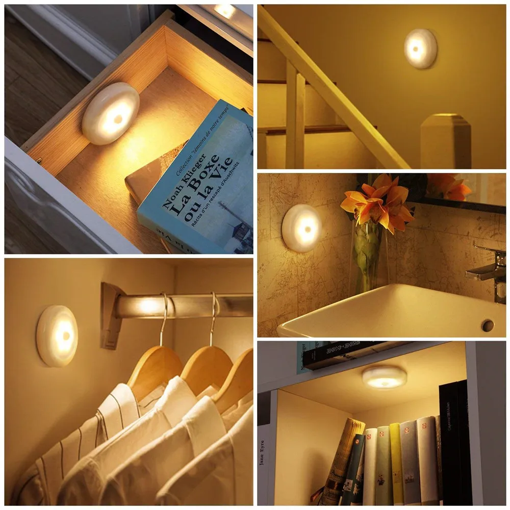 PIR Motion Sensor LED Night Light ไร้สายแบตเตอรี่ขับเคลื่อนตู้โคมไฟกลางคืนไฟข้างเตียงสําหรับตู้เสื้อผ้าบ้านห้องนอน