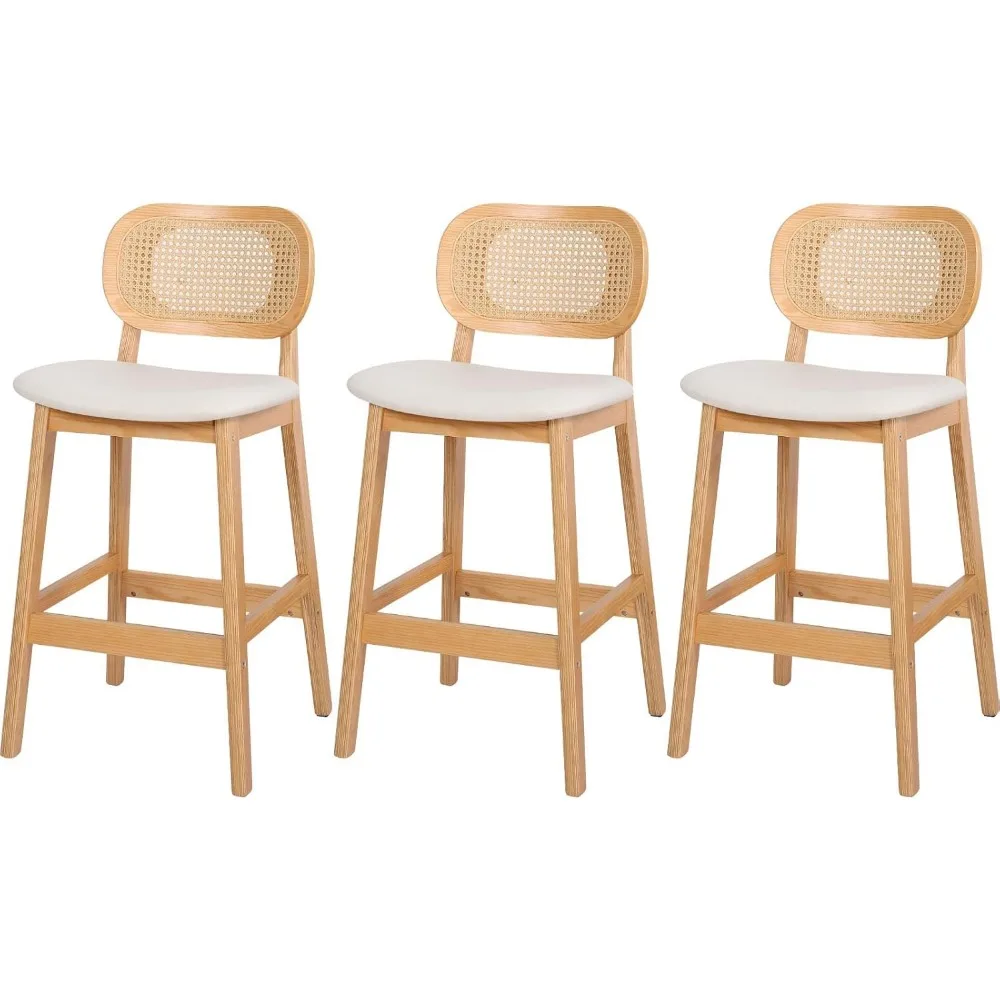 Rattan Bar Stools Set of 3, 25" Mid Century Modern Counter Height Stools, PU Leather Upholstered With Cane Back, Wood Nature
