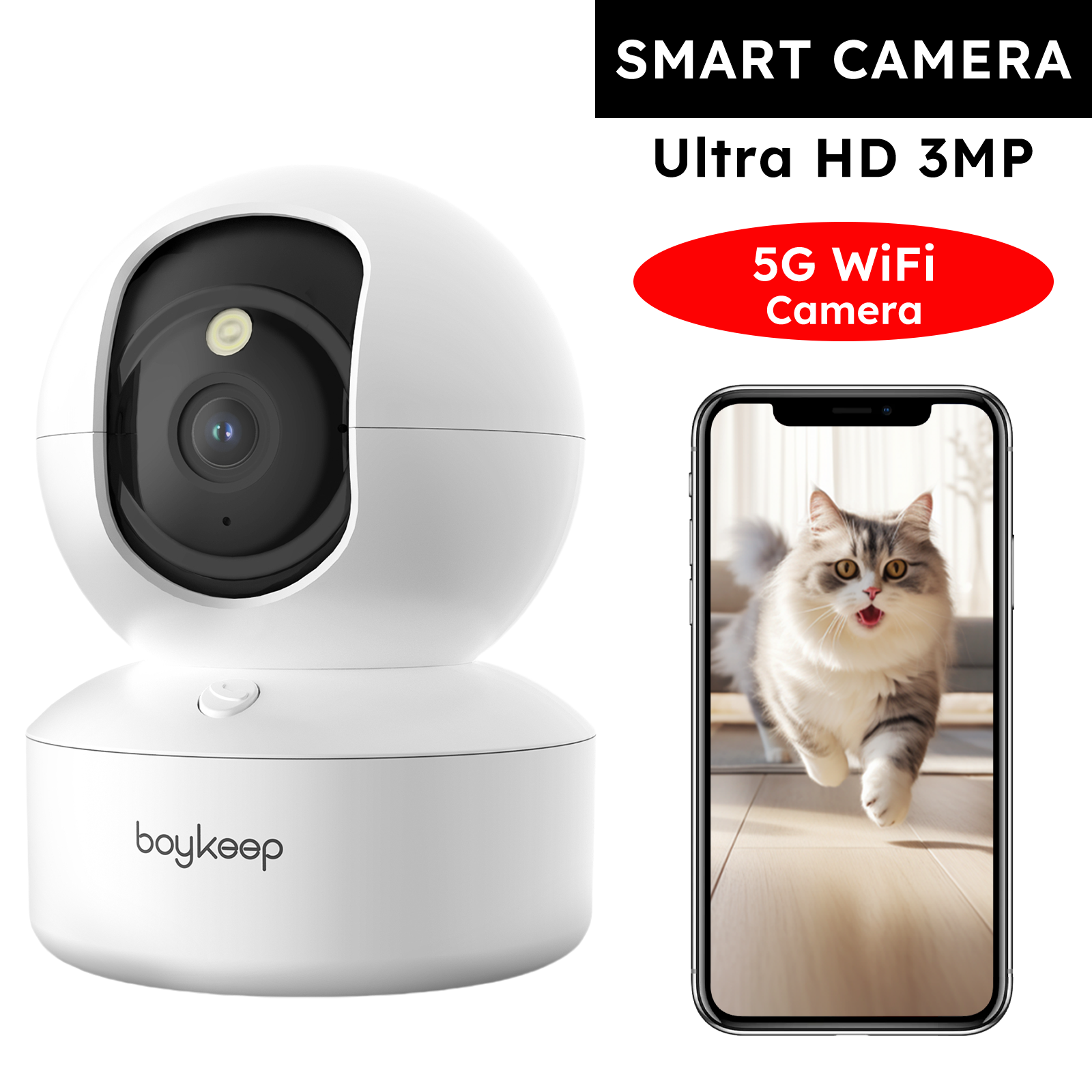Cámara para perros Boykeep 2K con aplicación telefónica, cámara para bebés de seguridad interior WiFi de 5G/2,4 GHz, 360 °   Pan & Tilt, audio bidireccional, visión nocturna
