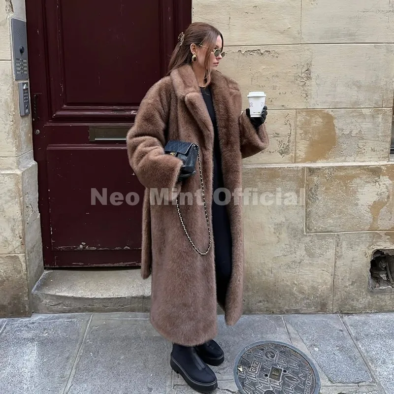 Neo mint com cinto falso casaco de pele de vison feminino 2025 inverno bege gradiente jaqueta de pele peluda marca de luxo com capuz quente outerwear casaco