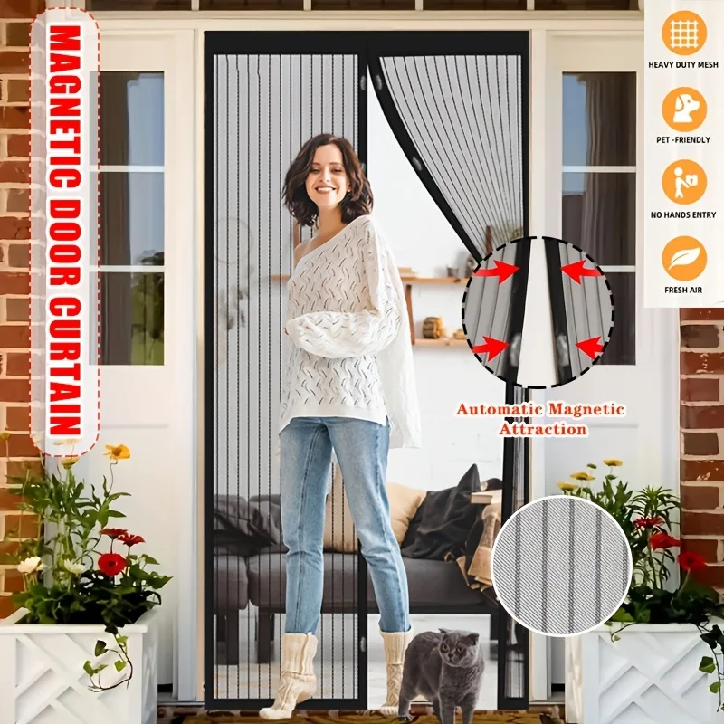Puerta con pantalla magnética de malla automática, poliéster a prueba de insectos, entrada manos libres, autosellado, duradera para mascotas para el hogar y al aire libre