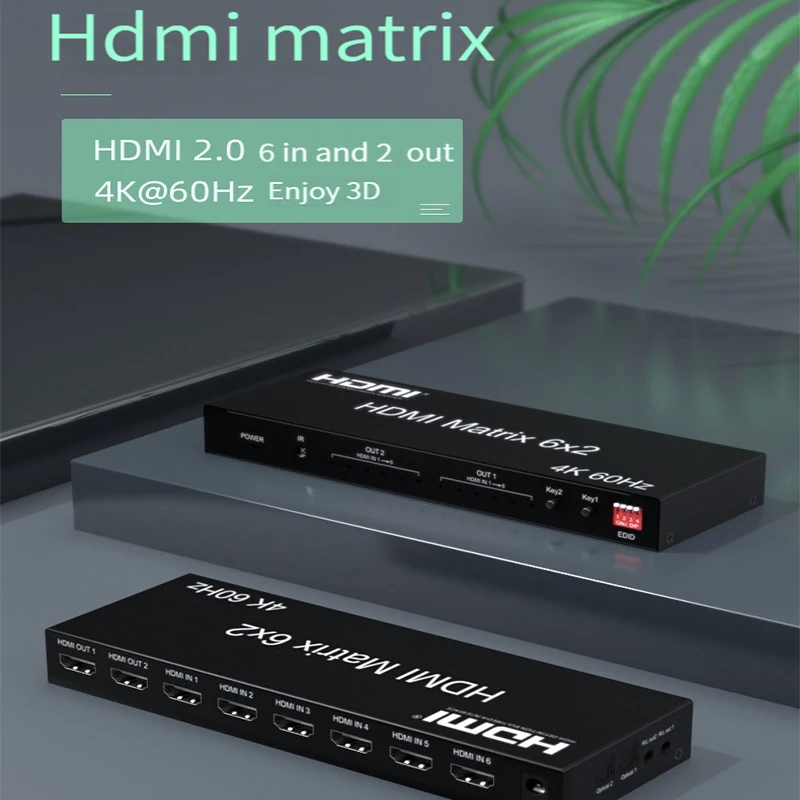 Matrix Switch HDMI 6x2 4K 60Hz HDMI Matrix 6 in 2 out Video Switcher Splitter with optical R/L Audio Extractor for PC monitor