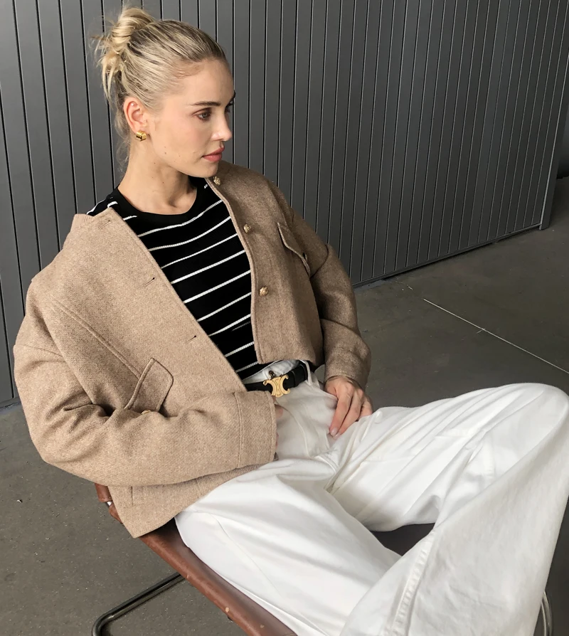 2025 ฤดูใบไม้ร่วง/ฤดูใบไม้ร่วงใหม่ผู้หญิงแฟชั่น Basic Wool Cropped เสื้อแจ็คเก็ตสั้น