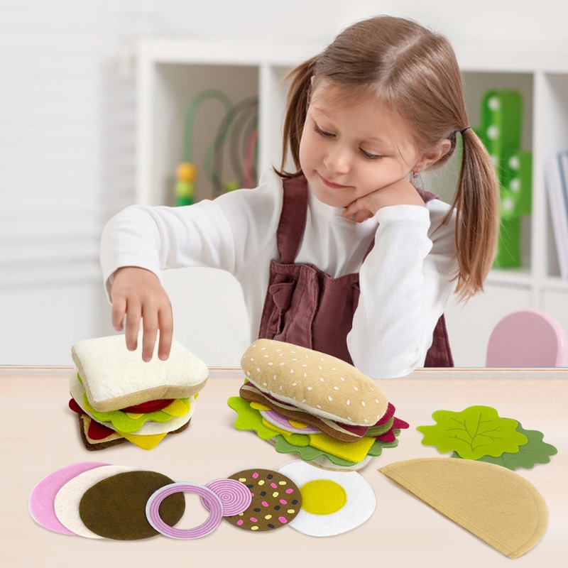 28 pçs comida de feltro hambúrguer sanduíche conjunto de alimentos crianças fingir jogar comida sanduíche brinquedos cozinha das crianças role play presentes