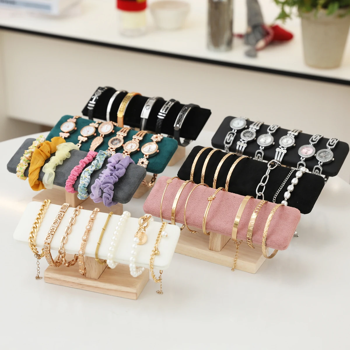 1pc base de madeira em forma de t couro do plutônio/veludo pulseira rack de exibição pulseira relógio hairband jóias armazenamento suporte organizador
