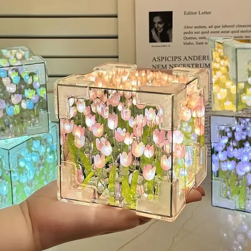 Creativo fai da te tulipano fiore cubo di mare tridimensionale piccola lampada da notte pacchetto materiale per fidanzata coppia fidanzata regalo