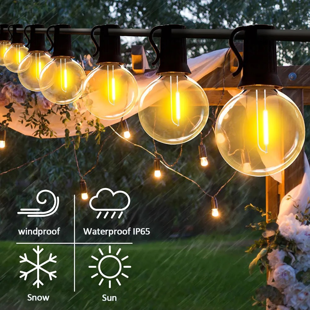 Guirnaldas de luces solares para exteriores, luces para Patio G40, cargador USB, 8 modos de luz, bombillas inastillables, luz colgante resistente a la intemperie