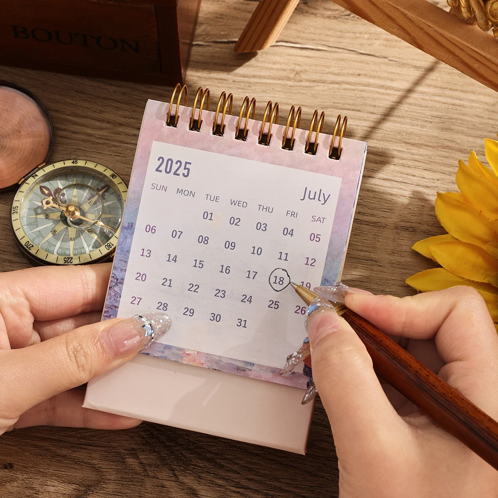 1 pc 2025 Vintage Mini Bronzing Painting Desk Calendar Tabletop Flip Monthly Calendar Student Notepad Schedule Planner Calendar