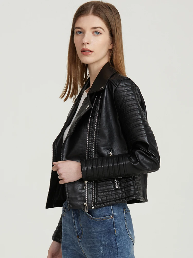 แจ็คเก็ตหนังผู้หญิง Turndown Collar Pu รถจักรยานยนต์สีดํา Punk Coat หญิง Rivet Zipper Jacket