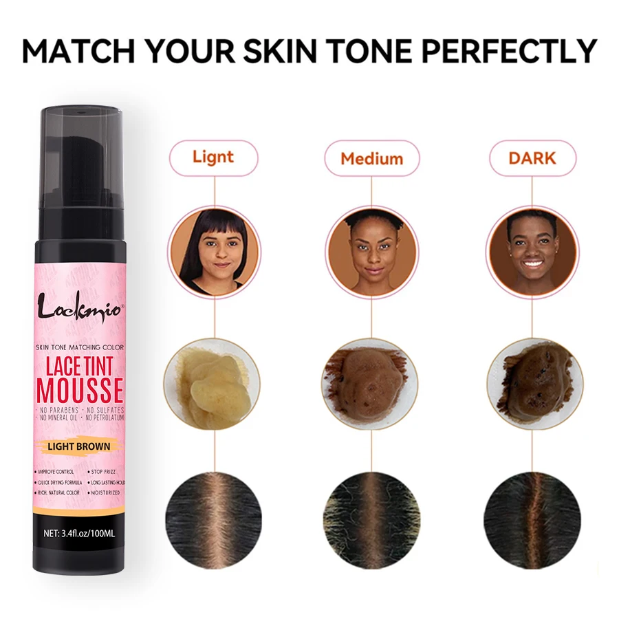 LOCKMIO 천연 레이스 틴트 스프레이 염색 폼 무스 여성용 100ML 가발 메쉬 스킨 피팅 보이지 않는 착색제 코스프레 가발 염료 안개