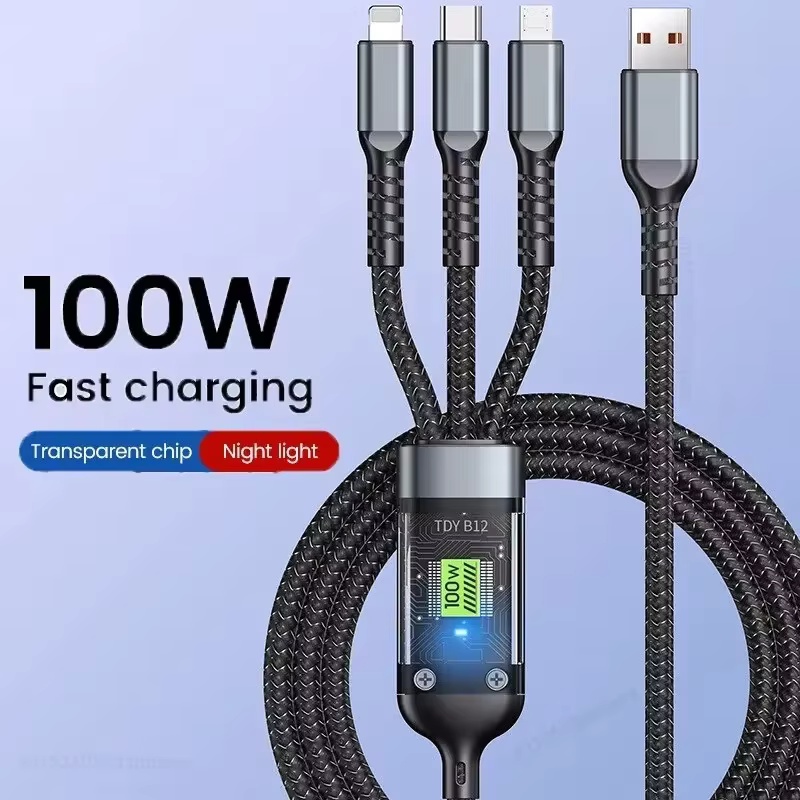 100W 3 In 1 Transparent Pilot Lamp Super Fast Charging Cable 6A Universal with Type C Usb Micro for Samsung Huawei Xiaomi Iphone