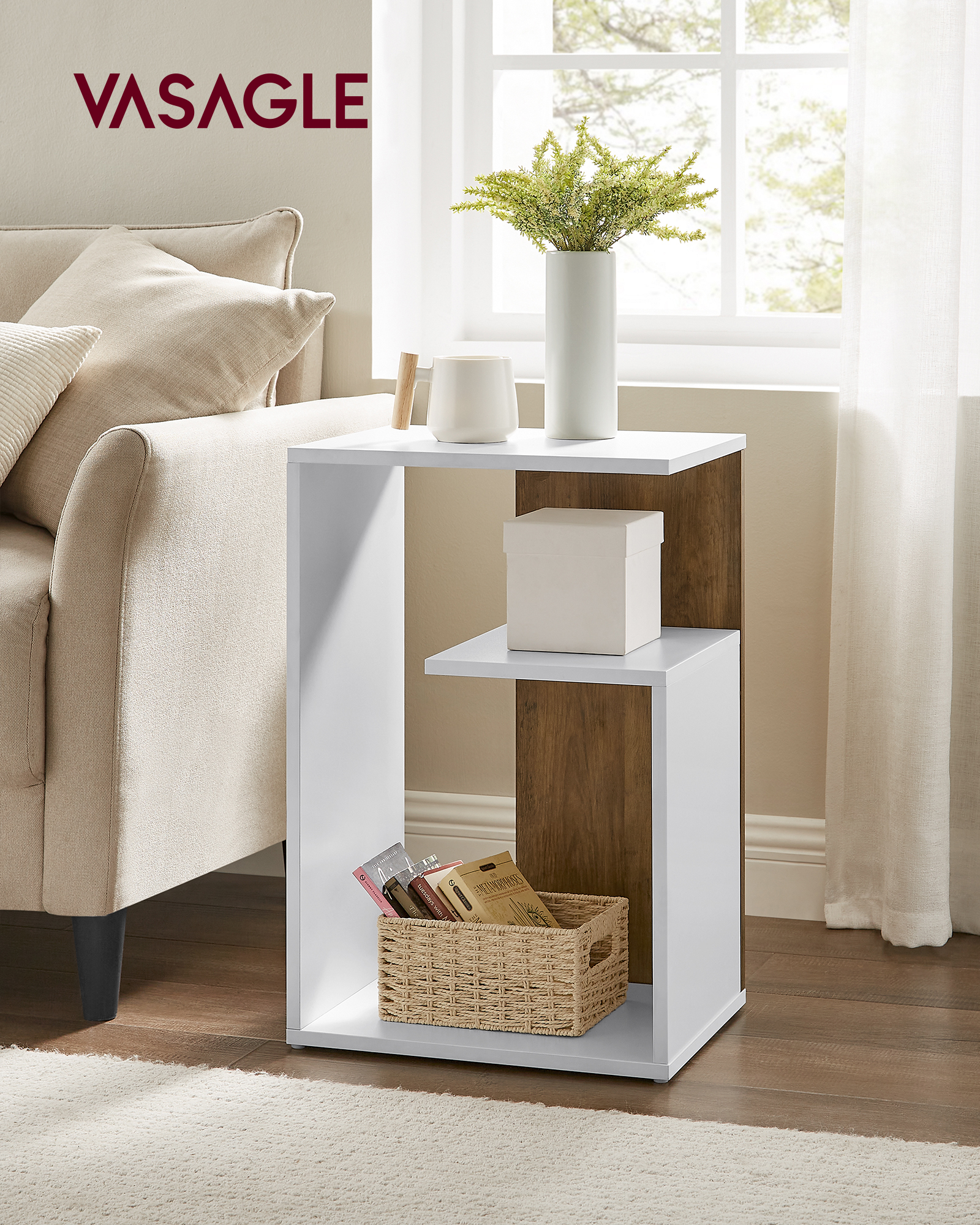 VASAGLE Beistelltisch, Nachttisch, Kleiner Tisch, offen, Regal, mit Stauraum, vertikal oder horizontal benutzbar, modern