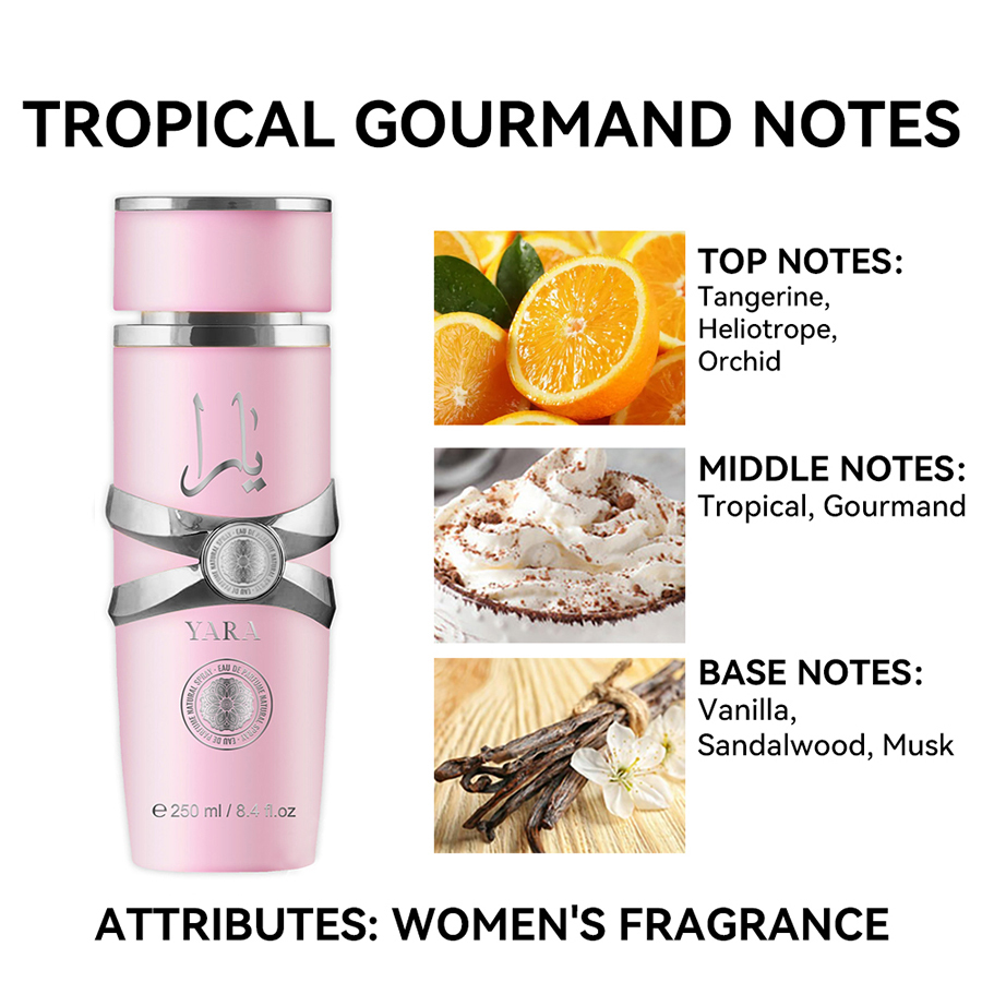250ml 8.4fl.oz perfume âmbar baunilha yara, fragrância gourmand de longa duração eau de parfum spray, perfumes árabes presente para mulher