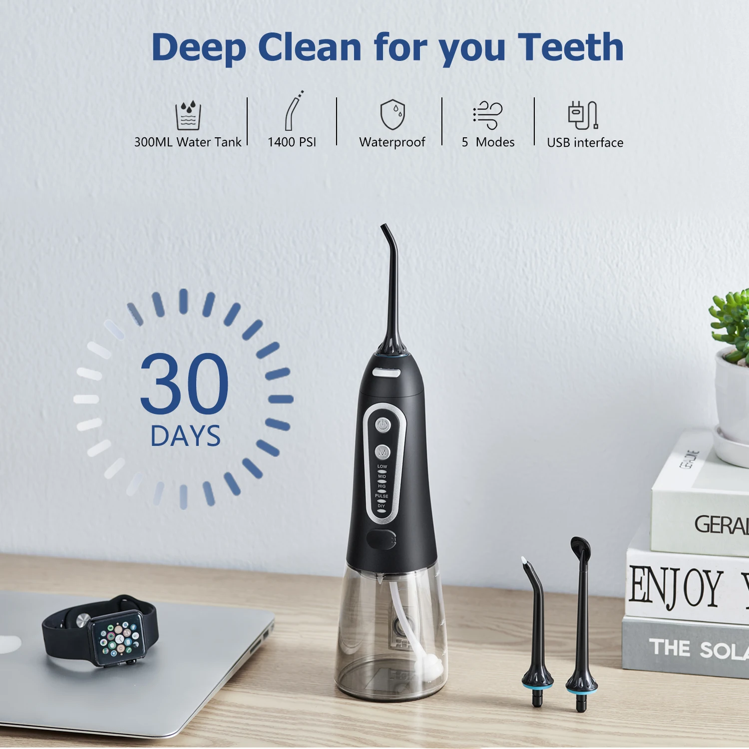 Irygator doustny USB akumulatorowy irygator wodny przenośny dentystyczny strumień wody pod ciśnieniem 300ML zbiornik na wodę wodoodporny środek do czyszczenia zębów do pielęgnacji jamy ustnej