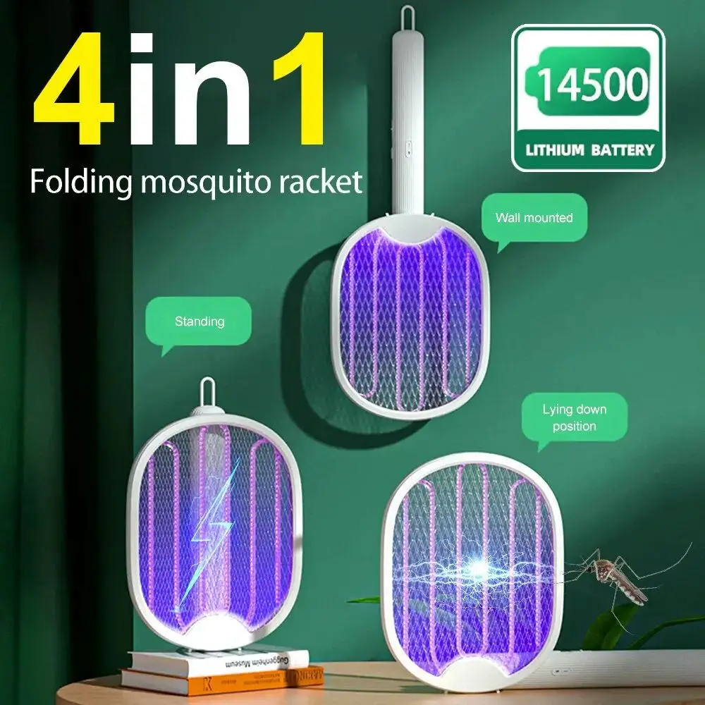 Raqueta antimosquitos eléctrica plegable, exterminador de insectos de 3000V con luz UV, matamoscas recargable por USB, trampa para insectos