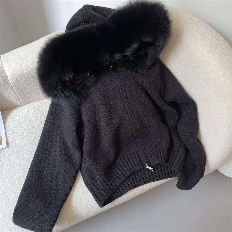 2024 amerikanische Mode Herbst Winter Frauen Casual Mit Kapuze Echt Fox Pelz Kragen Mode Kurze Gestrickte Jacke mit Natürlichen Pelzmantel