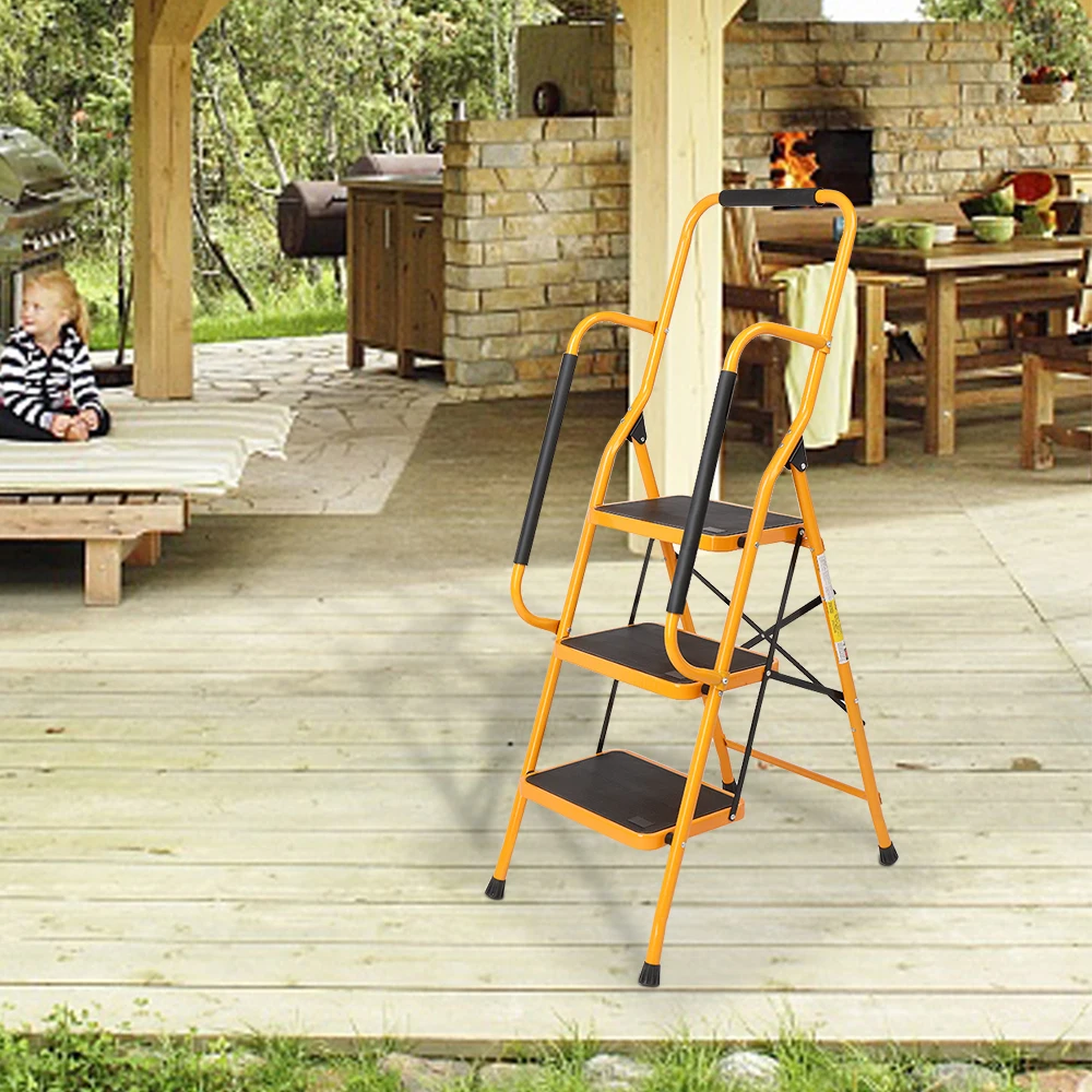 3 Step Ladder with Handrails, 330lbs Folding Step Stool, w/Non-Slip Side Armrests Large Pedal Area, Suitable for Home Office