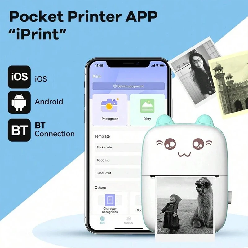 Mini 58mm Thermal Portable Printer BT Wireless 200dpi Mobile Label Photo Memo Wrong Question Printing  USB Cable For Home No Ink