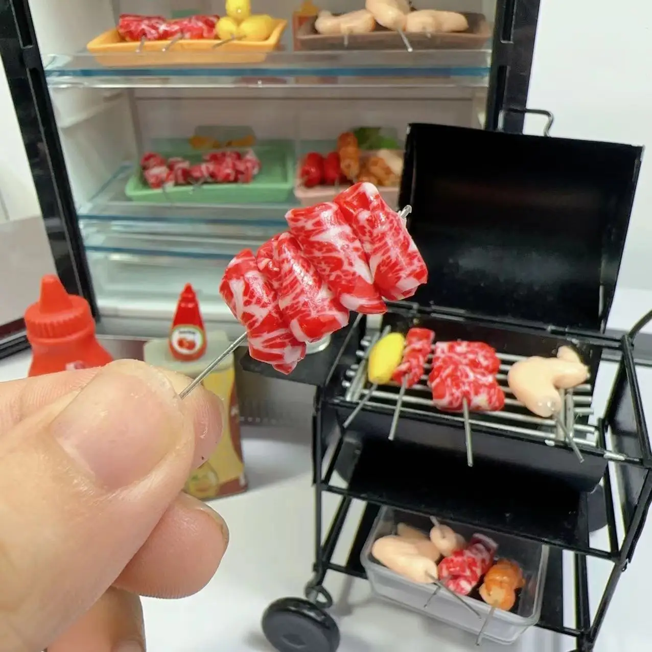Nuevo 1/12 supermercado en miniatura comida simulación kabob salchicha de ternera maíz seta para casa de muñecas Mini cocina arcilla accesorios de comida