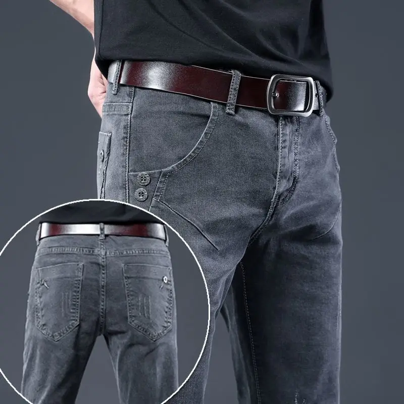 MÙA THU ĐÔNG Chải Da Bò Sang Trọng Mỏng Thiết Kế Quần Áo Nam Phong Cách Hàn Quốc Denim Skinny Sang Trọng Màu Xám Quần Jean Quần Tây Nam