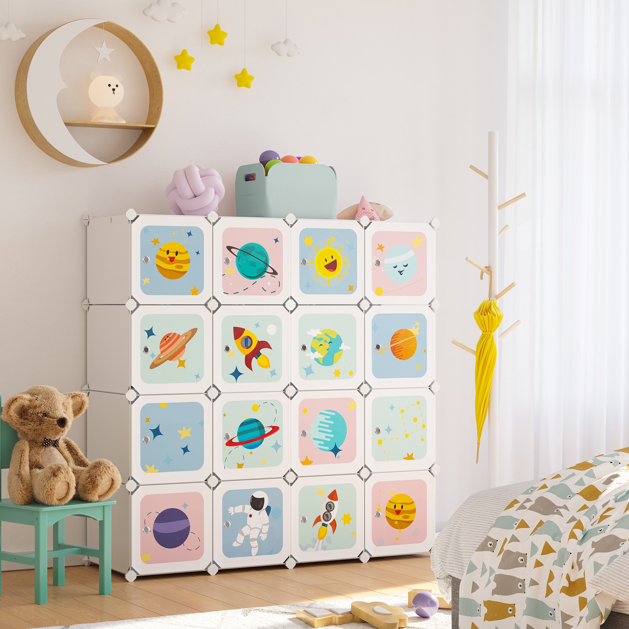 SONGMICS Armoire modulable, Placard de Rangement Portable, Organisateur vêtements Enfant, avec 16 Cubes, 4 Rails Suspendus, 123 x 41 x 123 cm, Blanc