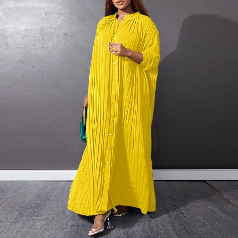 Vestidos musulmanes Eid para mujer, Vestidos árabes de Dubái con cuello levantado y una hilera de botones, caftán holgado informal de Ramadán plisado liso